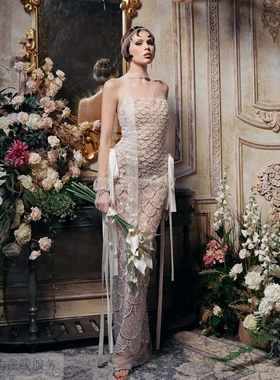 越十年越南小众ninisesi 新款精致风碎钻鱼鳞设计抹胸修身飘带裙