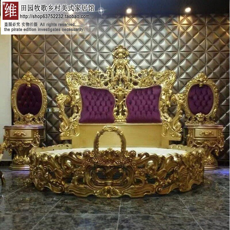 欧式豪宅香槟金床双人床实木雕婚床圆床奢华法式别墅婚金箔床定制