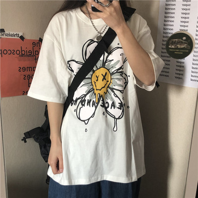 A2719-P32 夏天韩版ins复古涂鸦雏菊印花宽松打底衫内搭男女