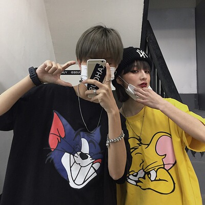 A2690-P30 原创 童年印象猫和老鼠印花显瘦潮宽松短袖t恤男女情侣