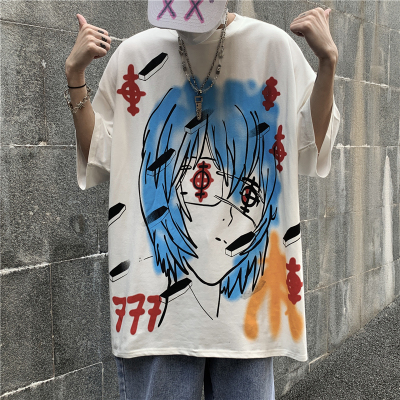 A3150-P32 韩版ins时尚宽松印花涂鸦手绘动漫短袖上衣情侣款