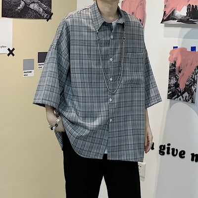 4542-P45 韩国ins复古格子衬衫五分袖半袖宽松开叉衬衣配链子男