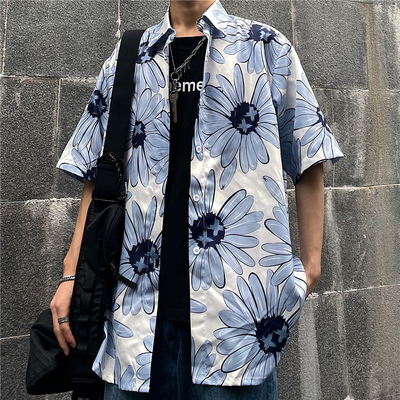 3154-P38 2020夏天宽松情侣小花雅痞潮衬衫短袖男女款潮牌