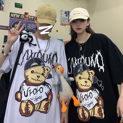 3528-P32 韩版ins超火潮流复古卡通酷熊动漫印花短袖男女情侣嘻哈