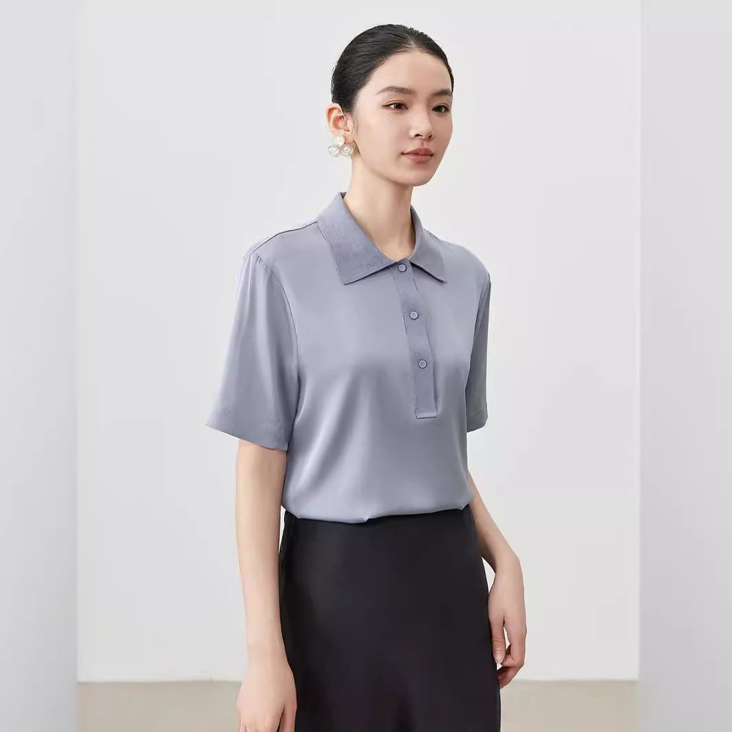 夏季新品桑蚕丝翻领短袖女 纯色重磅真丝休闲套头T恤上衣批发