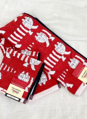 BLS本岸现货日本进口北欧插画家LisaLarson猫咪毛巾红色面巾运动