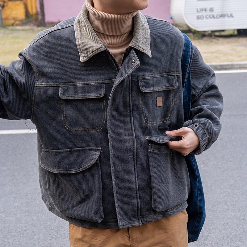 【适度磨白】几立 灯芯绒牛仔拼接复古做旧夹棉夹克薄款棉衣