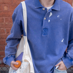 几立 一件工艺复杂的泼漆印花水洗做旧长袖polo领卫衣