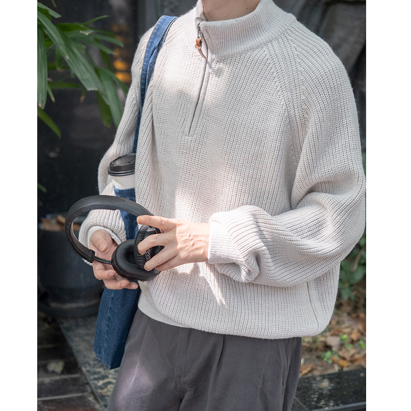 几立插肩袖羊毛混纺套头立领毛衣