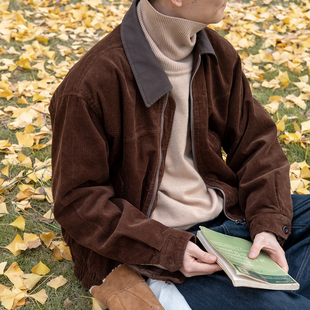 PU领子拼接灯芯绒翻领宽松夹克外套美拉德色系 几立 暮色依旧