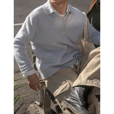 几立翻领套头100%纯羊毛毛衣