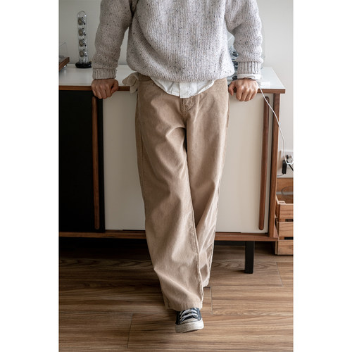 几立水洗做旧感宽松直筒灯芯绒裤