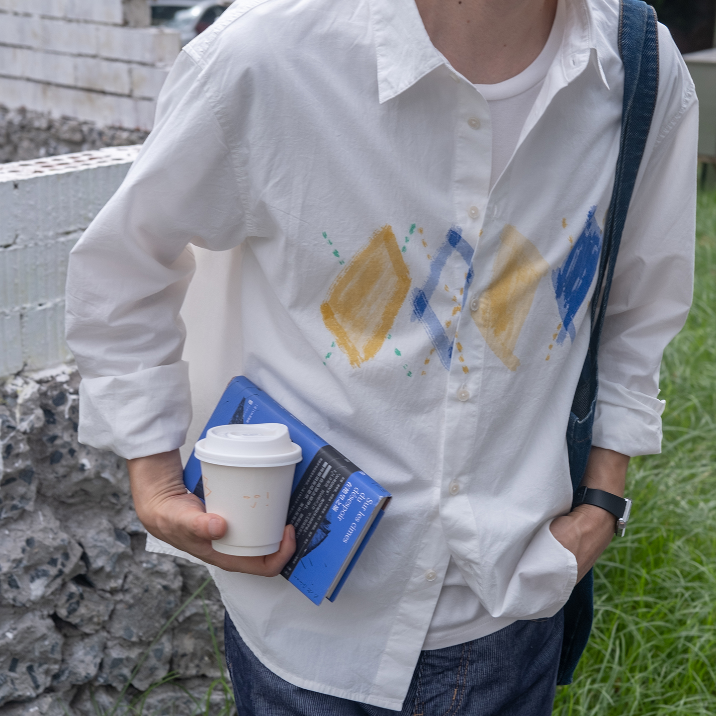 几立菱形印花长袖衬衫