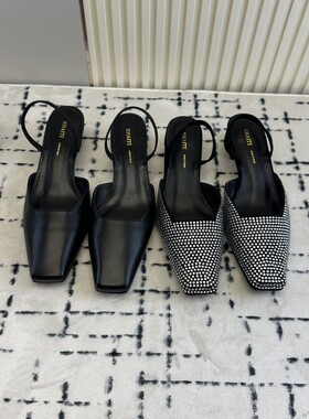 纯源小众夏新款Khaite髦中跟方头满钻外穿气质外穿性感浅口女凉鞋