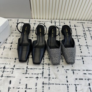 纯源小众夏新款 Khaite髦中跟方头满钻外穿气质外穿性感浅口女凉鞋