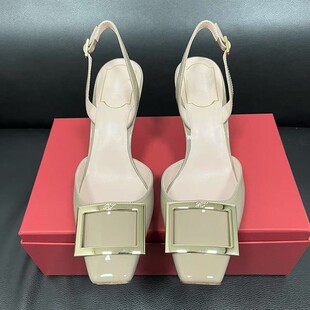 优雅金领白领高跟鞋 外贸品质rv新款 金属方扣7cm香蕉跟包头凉鞋