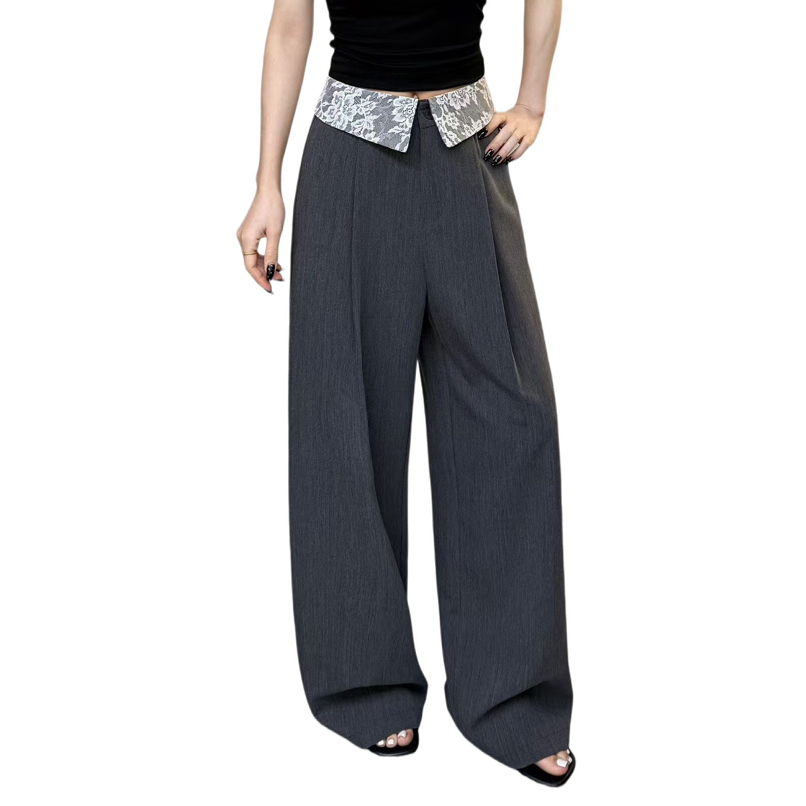 蕾丝花边阔腿裤窄版直筒垂感高级感西装裤女2026春夏新款翻腰裤子