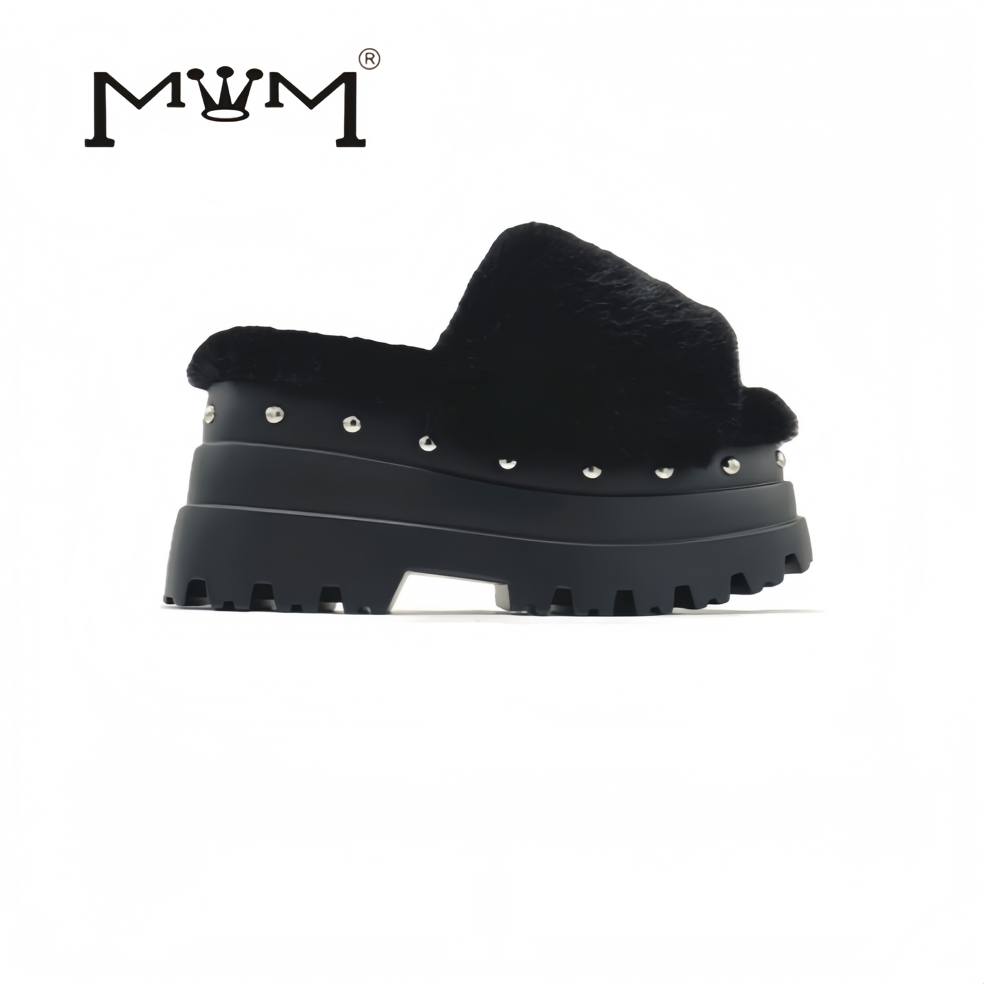 王晓晓8cm铆钉厚底毛毛拖鞋防滑