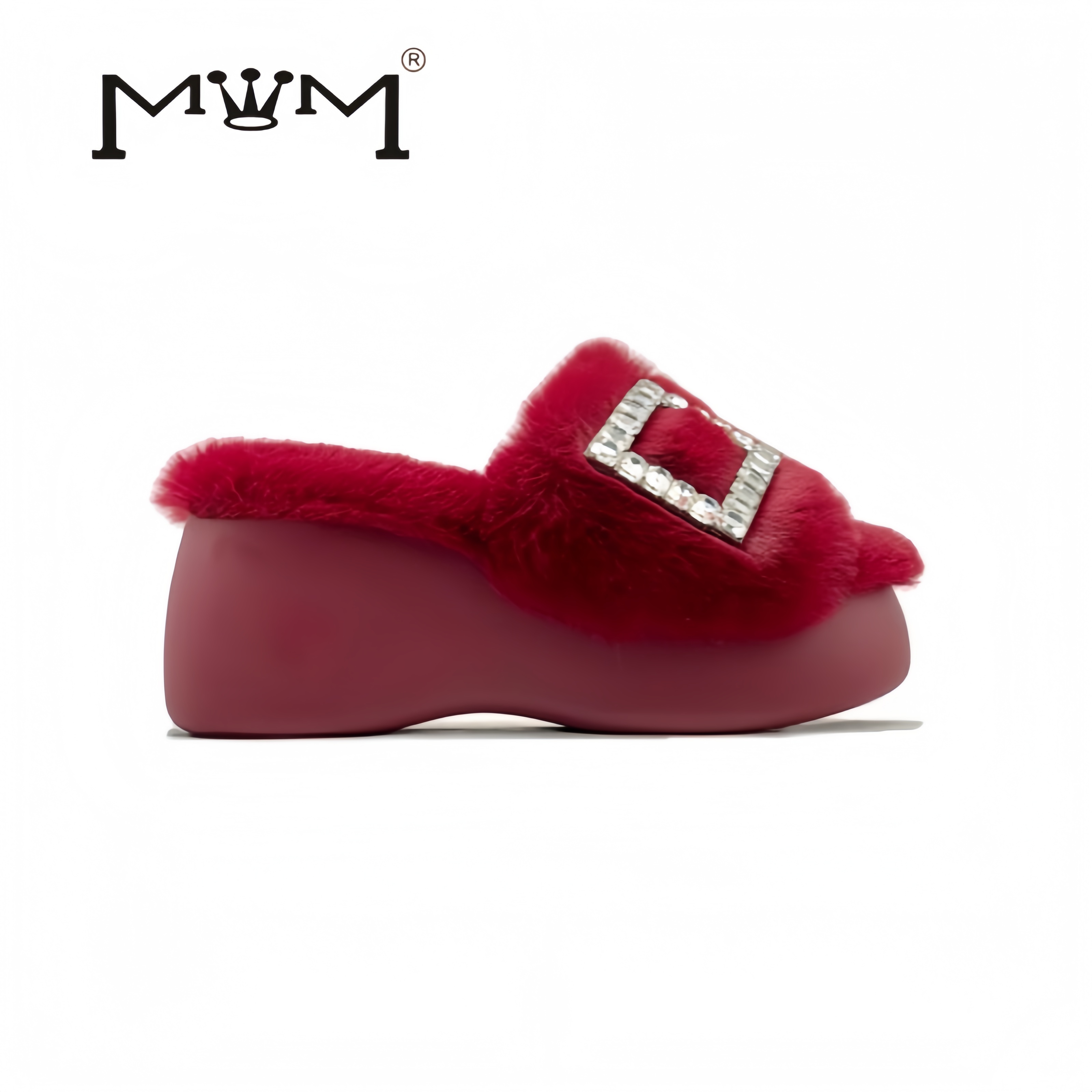 王晓晓8cm兔毛水钻方扣厚底拖鞋