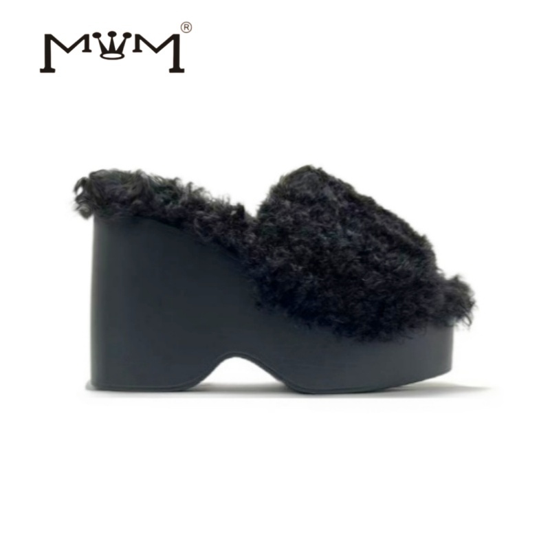 王晓晓12cm轻奢厚底羊卷毛拖鞋女