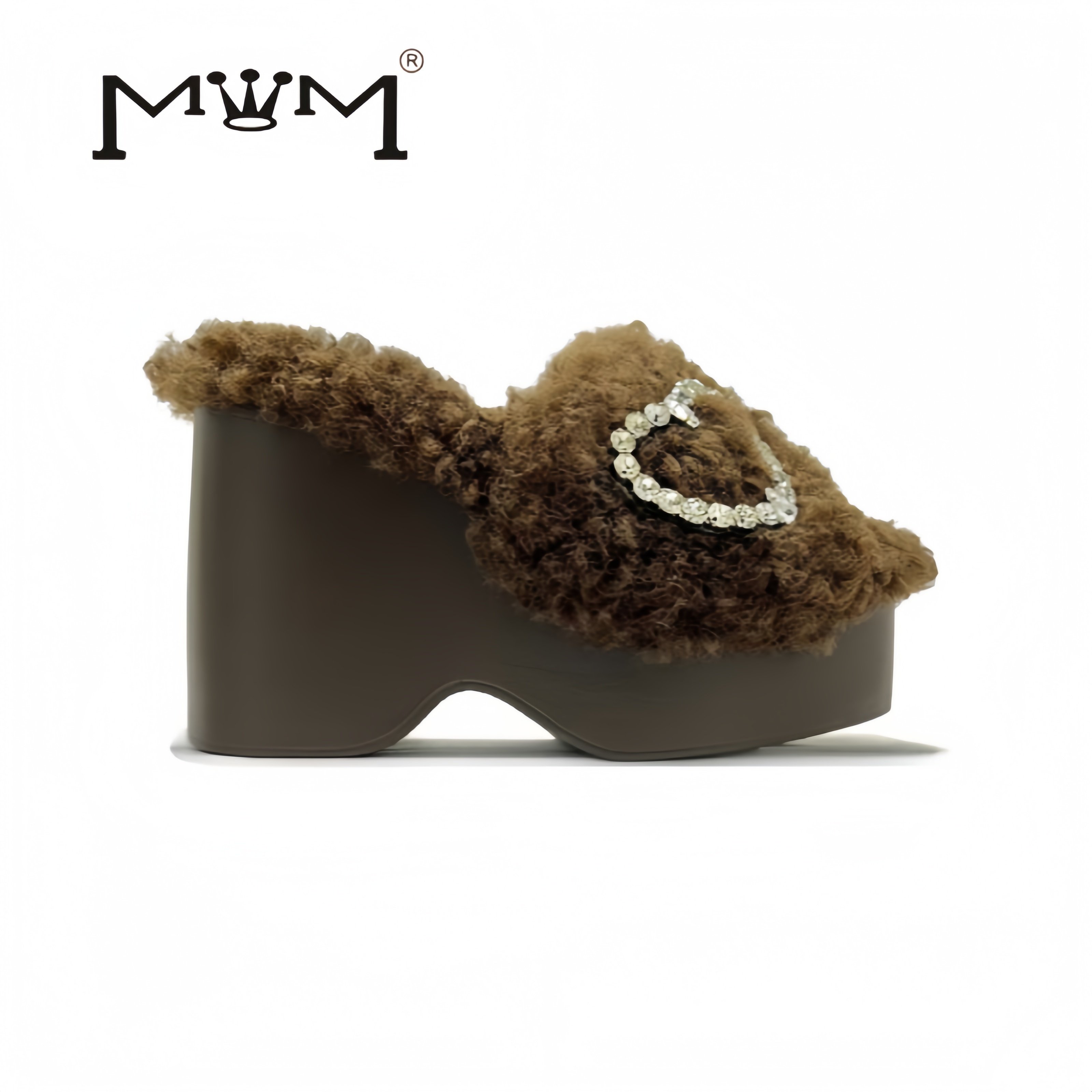 尼斯辰光～12cm水钻羊卷毛厚底坡跟拖 2025秋冬爱心气质轻便防滑,女鞋,一字拖,淘宝优惠券,粉丝福利购,淘宝优惠卷