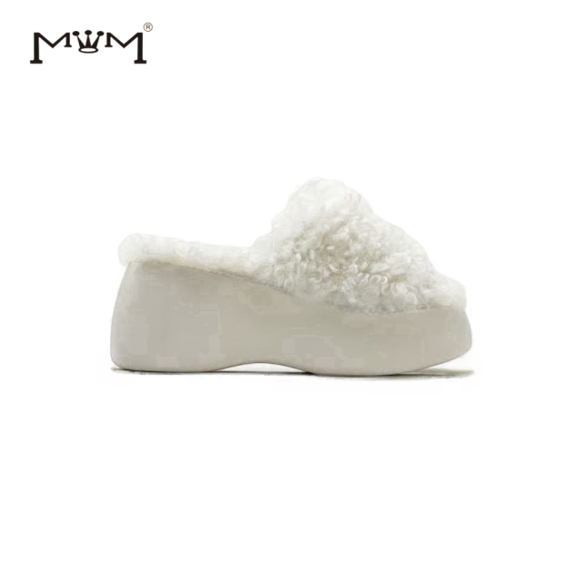 王晓晓8cm泰迪卷毛羊毛厚底拖鞋