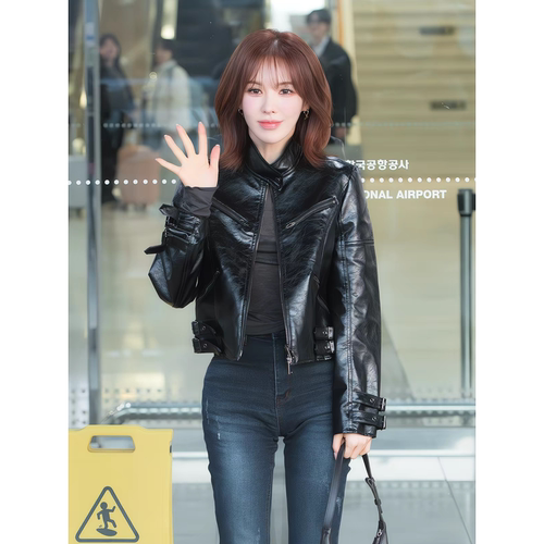 韩国外贸女装短款立领PU皮外套