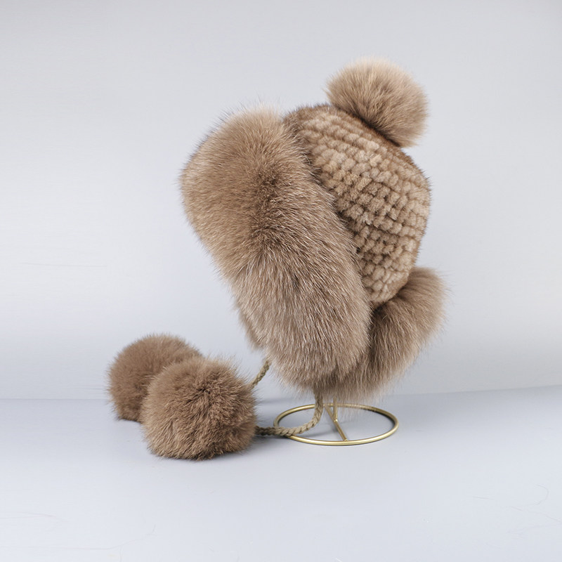 秋冬季进口女貂皮帽子水貂编织护耳帽新款貂绒狐狸帽檐皮草风雪帽