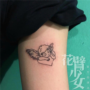 花臂少女TATTOO 暗黑港风线条天使爱心可爱逼真纹身贴刺青防水