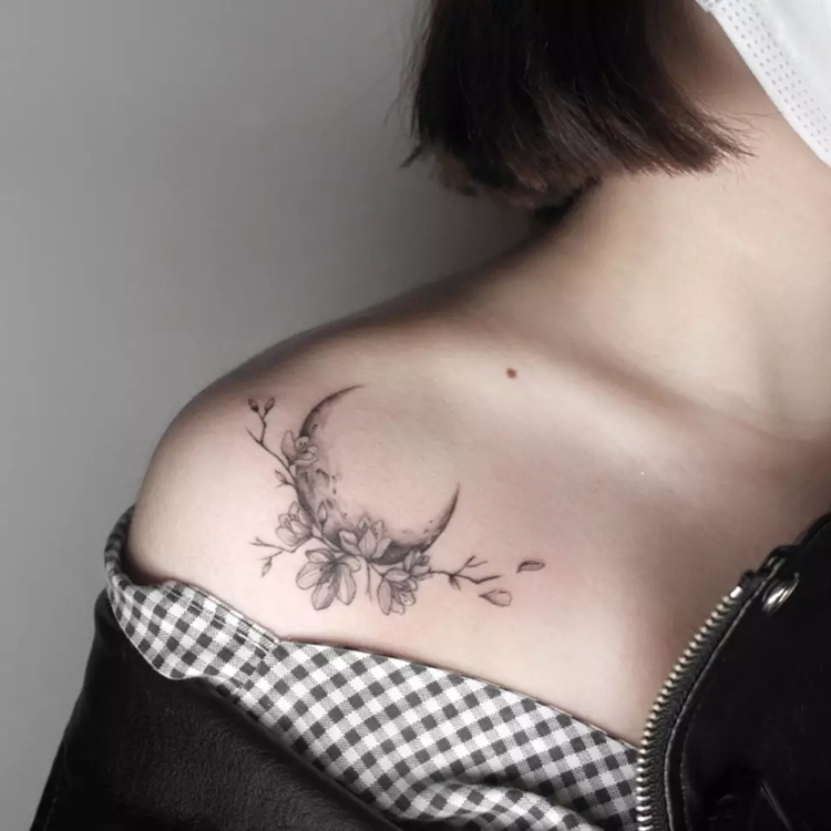 花臂少女TATTOO 54 黑白月亮月牙花朵肩膀锁骨小清新纹身贴20包邮