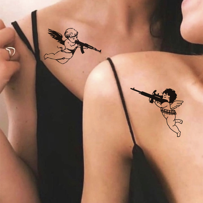 花臂少女tattoo  a35 暗黑爱心天使丘比特枪情侣肩膀锁骨纹身贴