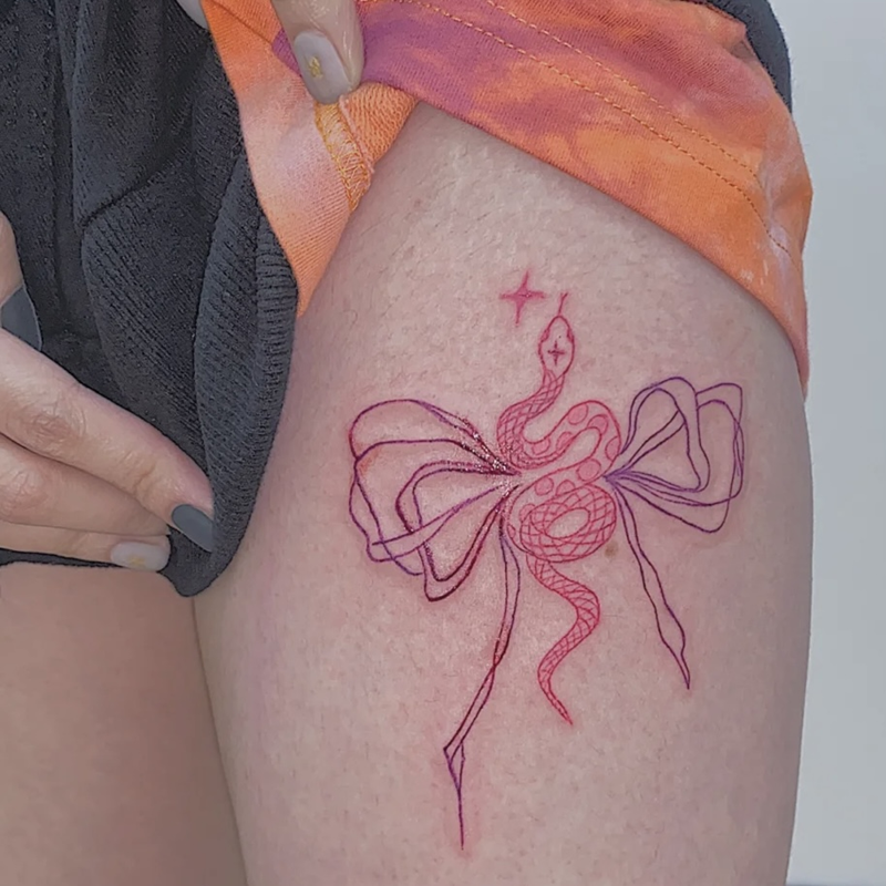 花臂少女TATTOO X319 彩色绑带蝴蝶结小粉蛇大腿少女软妹纹身贴