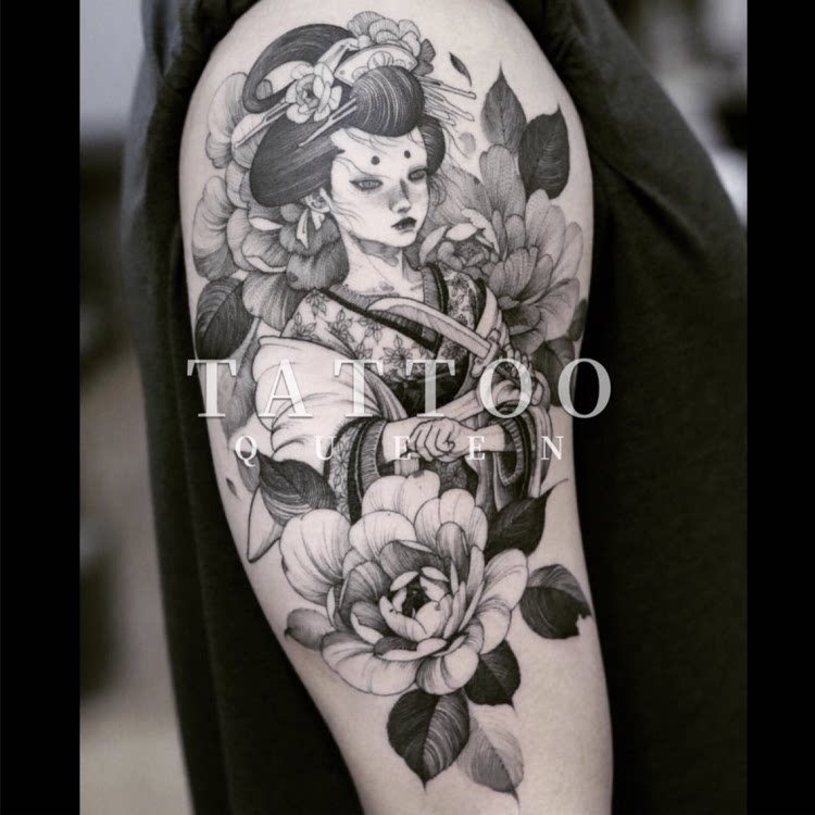 花臂少女tattoo d117 日系黑白浮世绘艺伎花朵叶子半臂纹身贴包邮