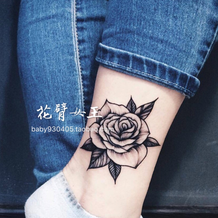 花臂少女TATTOO X217 黑白玫瑰花朵纹身贴 可贴手背 一张2个