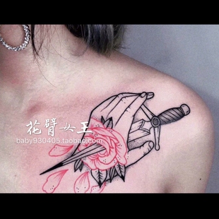 X164 暗黑手穿箭 手绘 花臂少女TATTOO 花朵 肩膀纹身贴