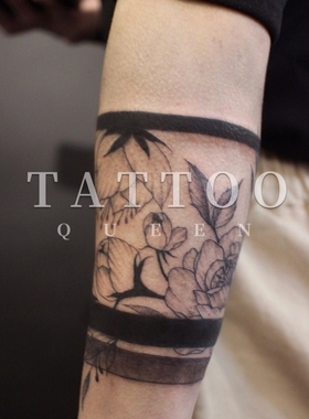 花臂少女TATTOO D123 暗黑花朵黑色线条臂环纹身贴 一张包邮