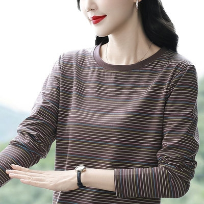 新款大码宽松纯棉长袖T恤女士秋衣外穿中年妈妈条纹打底衫上衣服