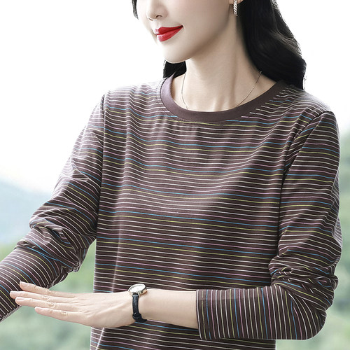 新款大码宽松纯棉长袖T恤女士秋衣外穿中年妈妈条纹打底衫上衣服