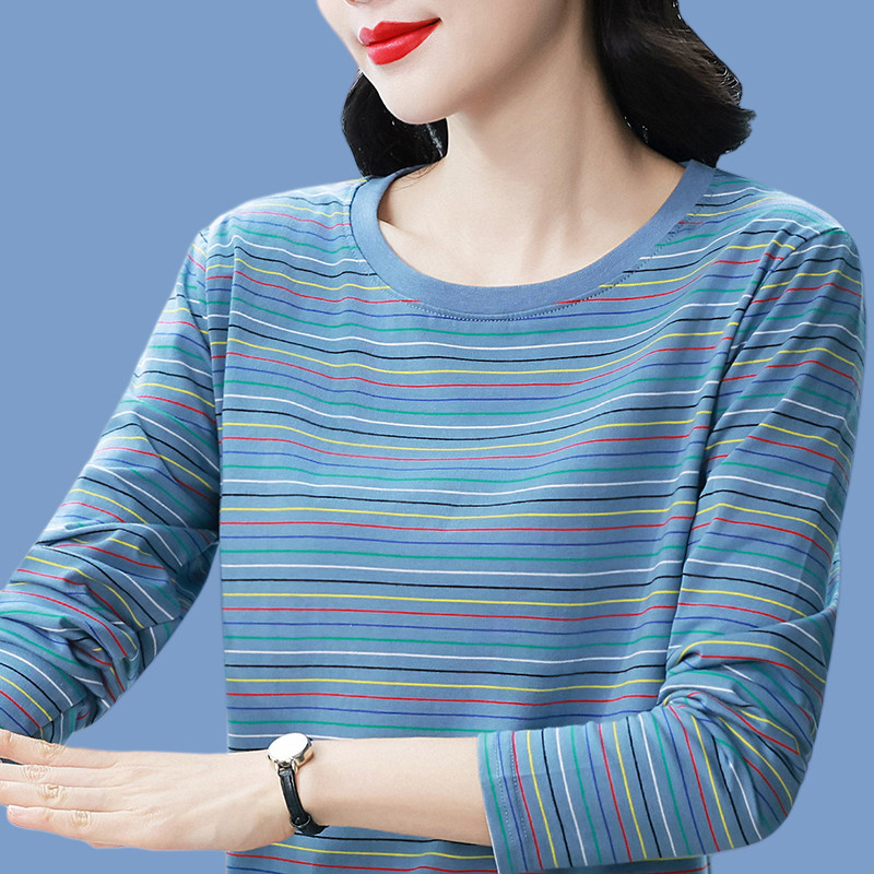春秋新款棉质条纹长袖T恤女图片