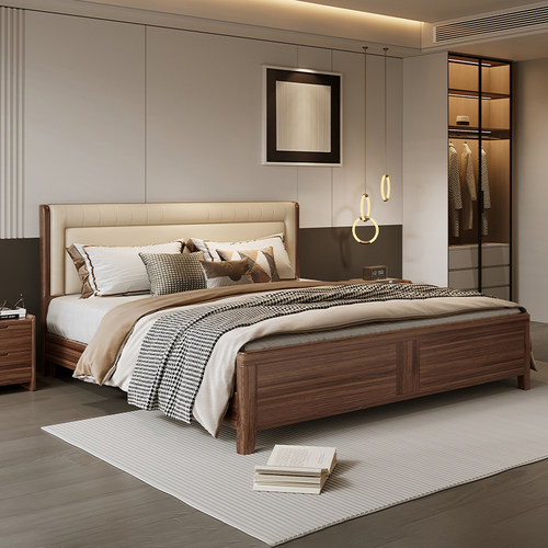 乌金木软靠实木床真皮软包家具