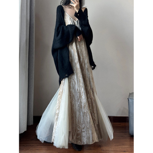 梨形身材遮肉长裙 国风提花网纱拼接鱼尾裙 秋丝绒显瘦吊带连衣裙