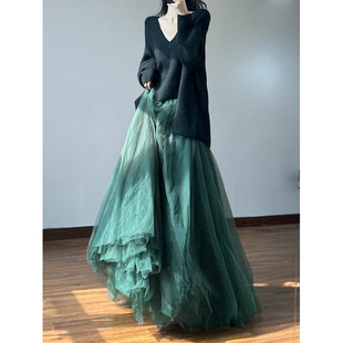 剪变超好看丝绒网纱冬裙不规则重工轻奢纱裙半身裙长款 齐地蓬蓬裙