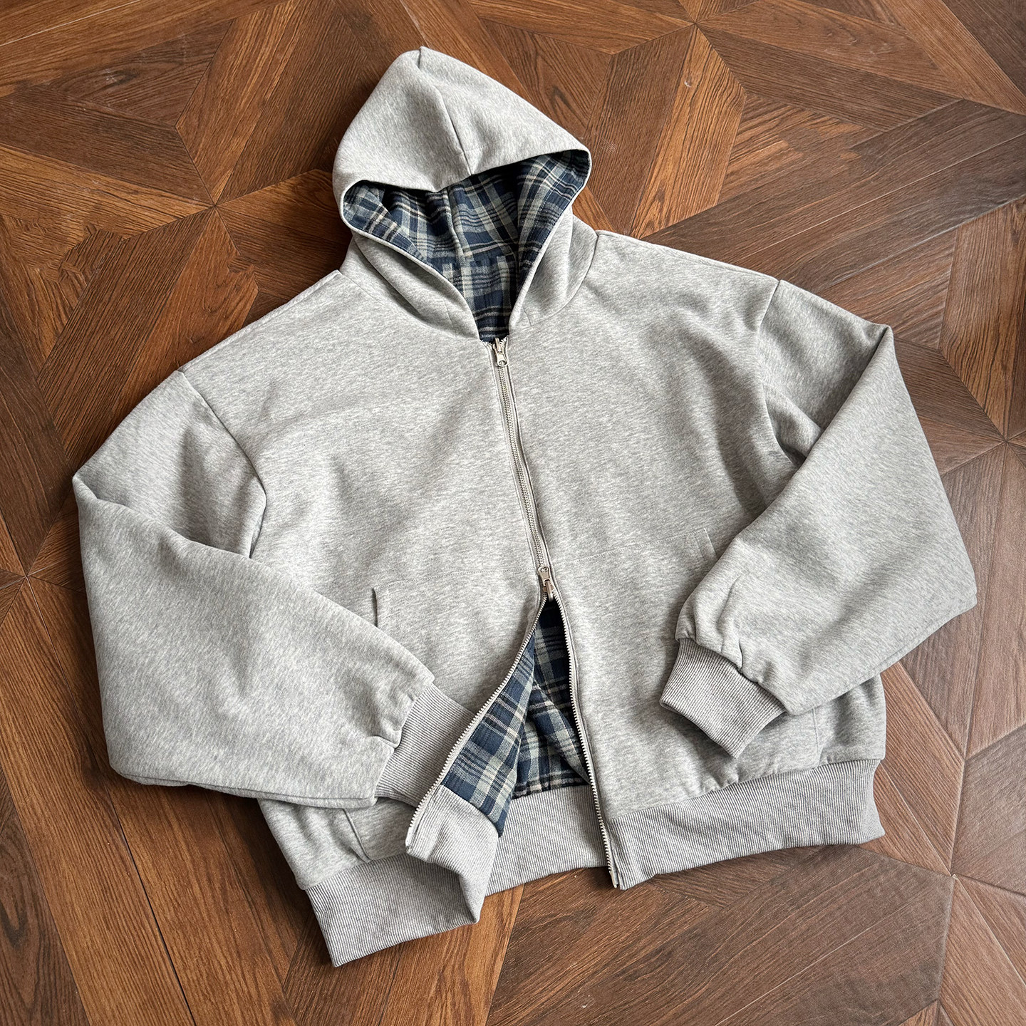 双面穿复古连帽卫衣蓝色格纹开衫上衣男女短宽松版型miu系外套