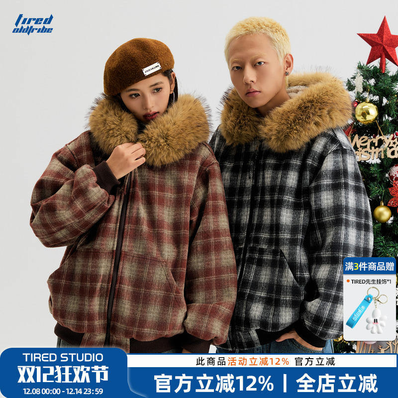 TIRED美式格子毛领连帽棉服冬季