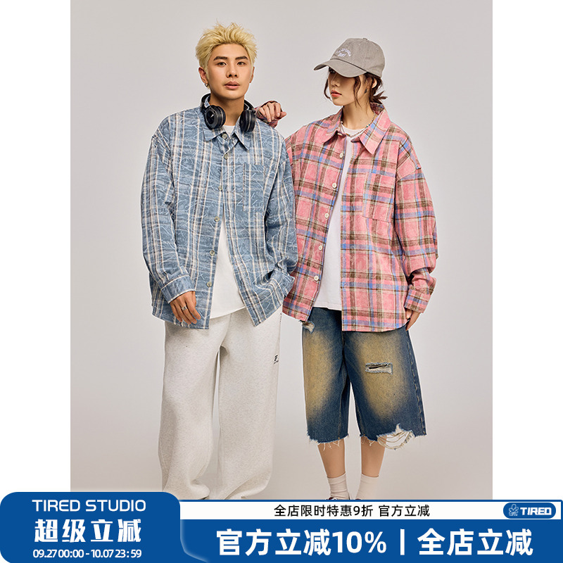 tired studio美式扎染做旧格子长袖衬衫初秋街头衬衣百搭休闲上衣