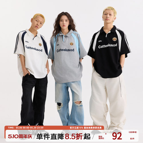 TIRED美式运动风翻领短袖t恤男女夏季街头polo领上衣百搭休闲体恤