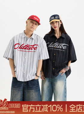 陈少熙同款TIRED美式棉麻Boxy短袖衬衫夏情侣宽松大码五分袖衬衣