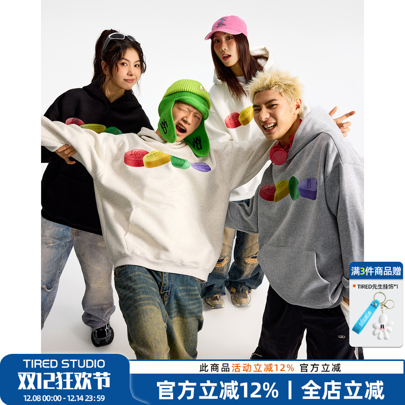 「彩色药丸」TIRED美式连帽卫衣春秋新款情侣学院风套头衫上衣潮