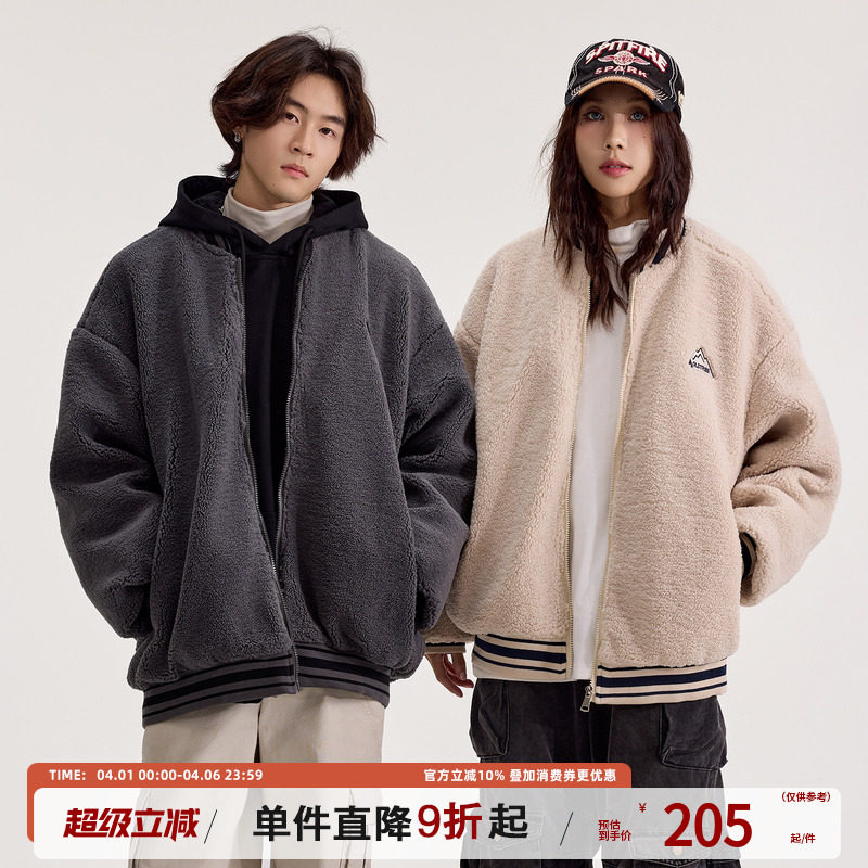 TIRED美式复古仿羊羔毛棒球领棉衣男女冬季情侣加厚外套保暖棉服