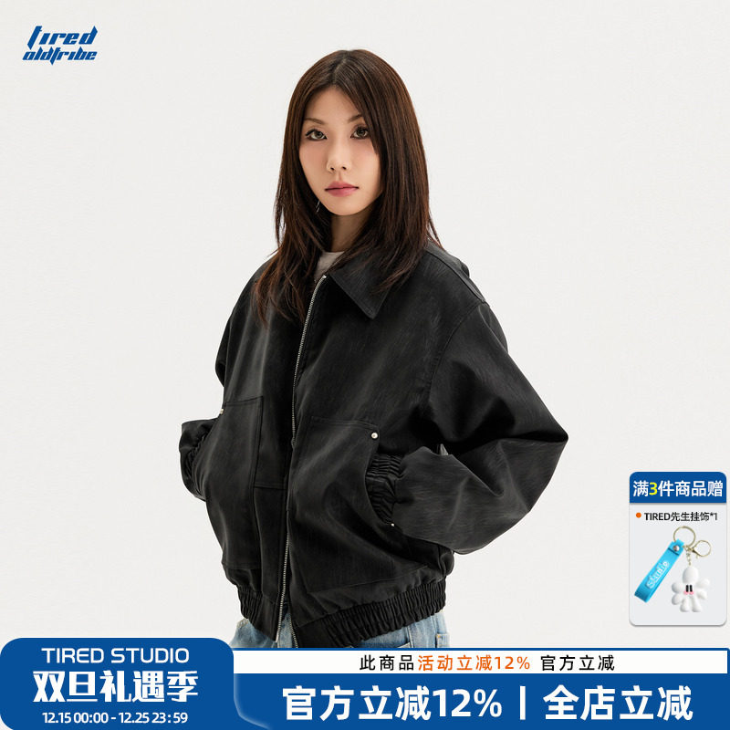 TIRED美式复古短版pu皮衣夹克